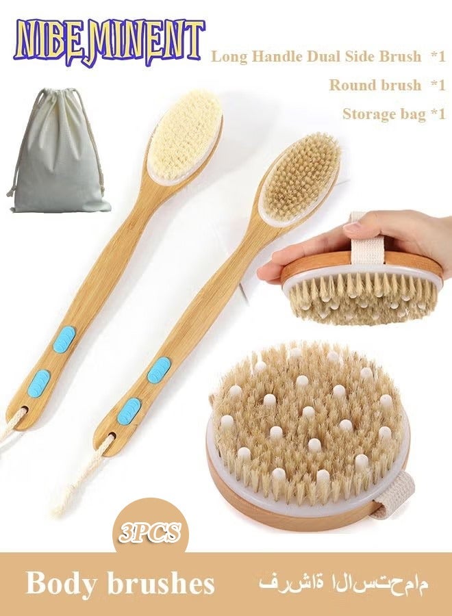 NIBEMINENT 3 In 1 Dry Skin Body Massage Brush Long Handle Back Scrubber Natural Bristle Dead Skin Remover Anti Cellulite Exfoliates Blood Circulation Bath Brush Massage Tools With Storage Bag - Image 1